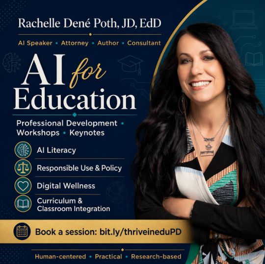 thriveinedu's tweet photo. Looking for workshops, keynotes, coaching about #AI #generativeai? Need help getting started? Contact me to schedule sessions for your event. Availability for 2026 and booking for 2027. https://t.co/GF3txItDID #edchat #edtech #k12 #suptchat #STEM #PLC #ISTE #law #healthcare https://t.co/dvIbn59k7P