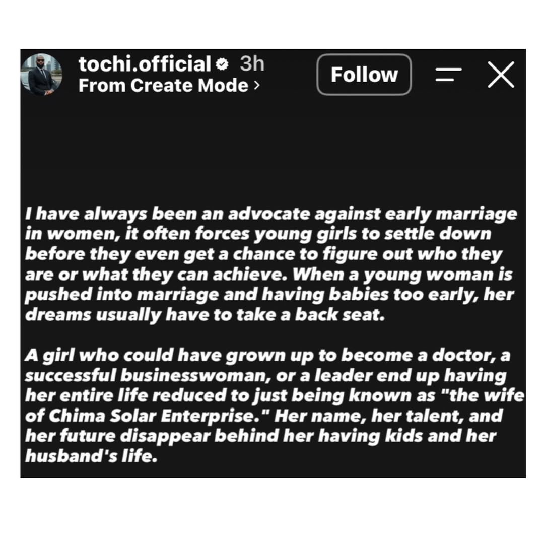 instablog9ja's tweet photo. Early marriage can make a woman’s dreams take a back seat; I’m against it — Media Personality Tochi. https://t.co/Sgzut8Q1Bq