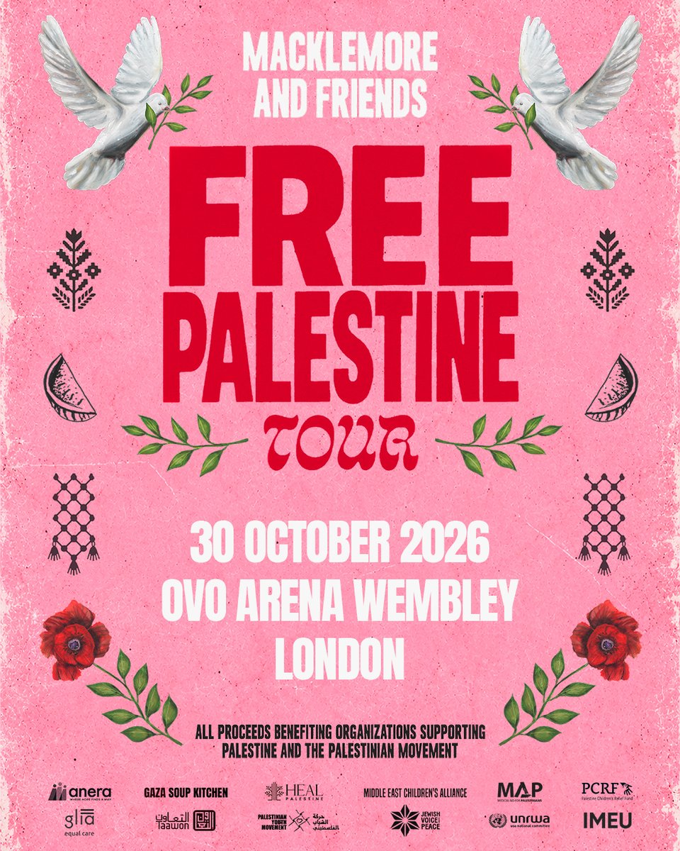 OVOArena's tweet photo. 🕊️ Macklemore today announces FREE PALESTINE, which will take place at @ovoarena Wembley on 30th October 2026.

💚Venue Presale: 10AM Tuesday 29 September via newsletter and WhatsApp channel
🎟️ Tickets: 10AM Wednesday 30 September

#macklemore https://t.co/wzOEUvRQOF