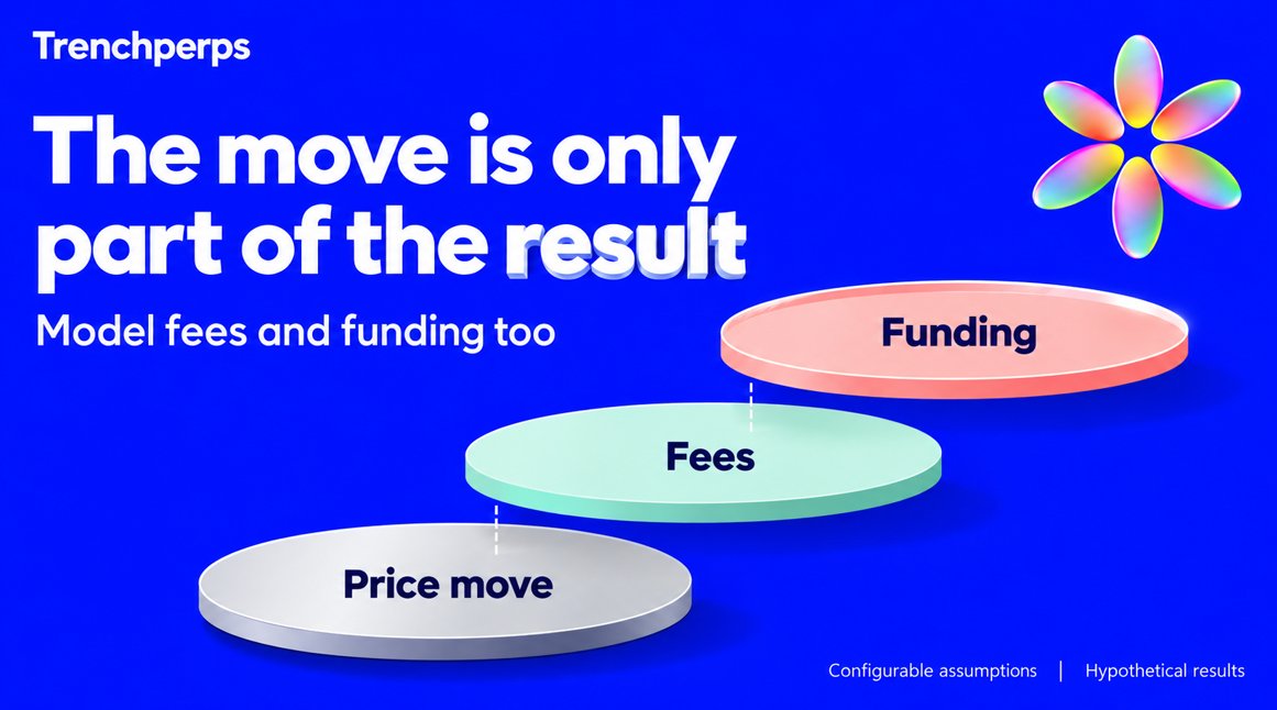 Trenchperps's tweet photo. A price move is only part of a position scenario

The playground also lets you set entry fees and exit fees

and a fixed hourly funding assumption

Change how long the position is held

and compare the effect on the result

Those rates are inputs you choose rather than live venue quotes

We want the assumptions behind a number

to be as easy to inspect as the number itself