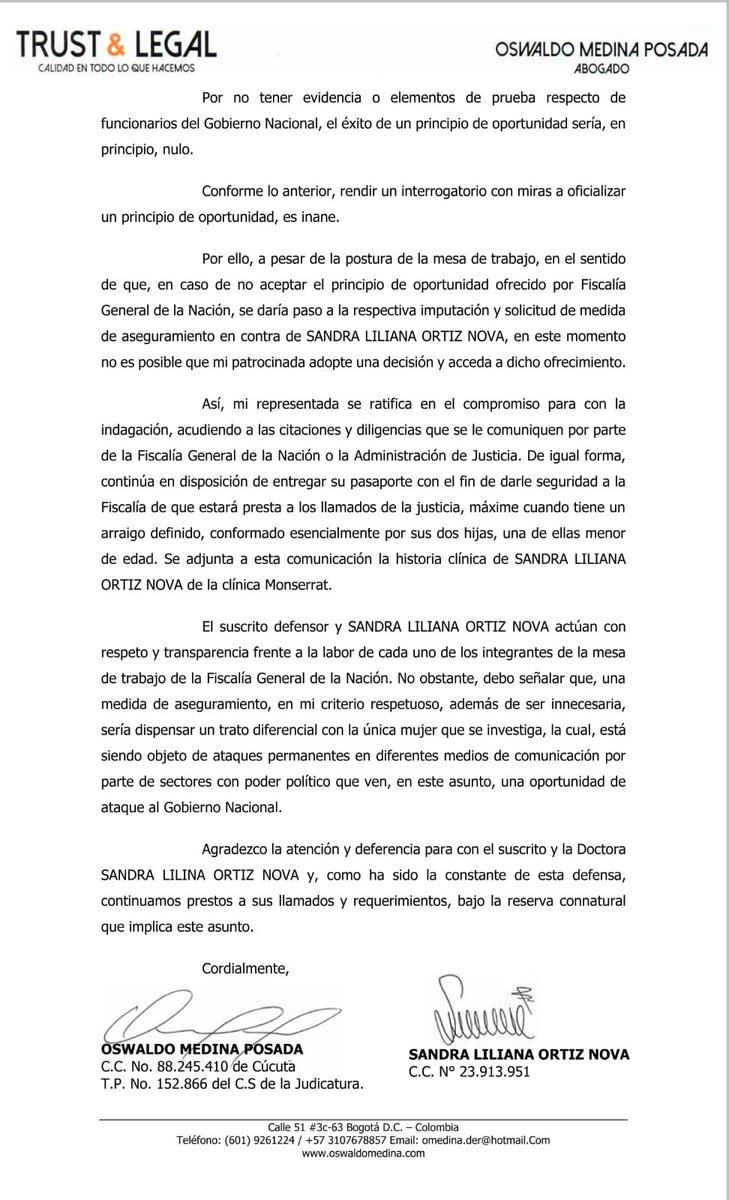 SandraOrtizN's tweet photo. Señora Fiscal, con todo respeto, los hechos deben contarse completos.

Yo no busqué inicialmente un principio de oportunidad: fue la Fiscalia la que me lo ofreció. Explorar posteriormente, junto con mi anterior defensa, una alternativa jurídica propuesta por la propia entidad, no puede presentarse como prueba de culpabilidad.

He sostenido mi inocencia y la seguiré defendiendo donde corresponde: ante los jueces y con pruebas.

Y, finalmente, agradecería que precisara en qué momento he señalado públicamente que su elección se hizo con dineros de la UNGRD o que usted tiene alguna vinculación con el llamado “cartel de la toga”. Eso jamás lo he dicho!

Adjunto mi respuesta negativa al principio de oportunidad que ustedes me ofrecieron, para que el país conozca los hechos reales y completos.@elespectador @FiscaliaCol