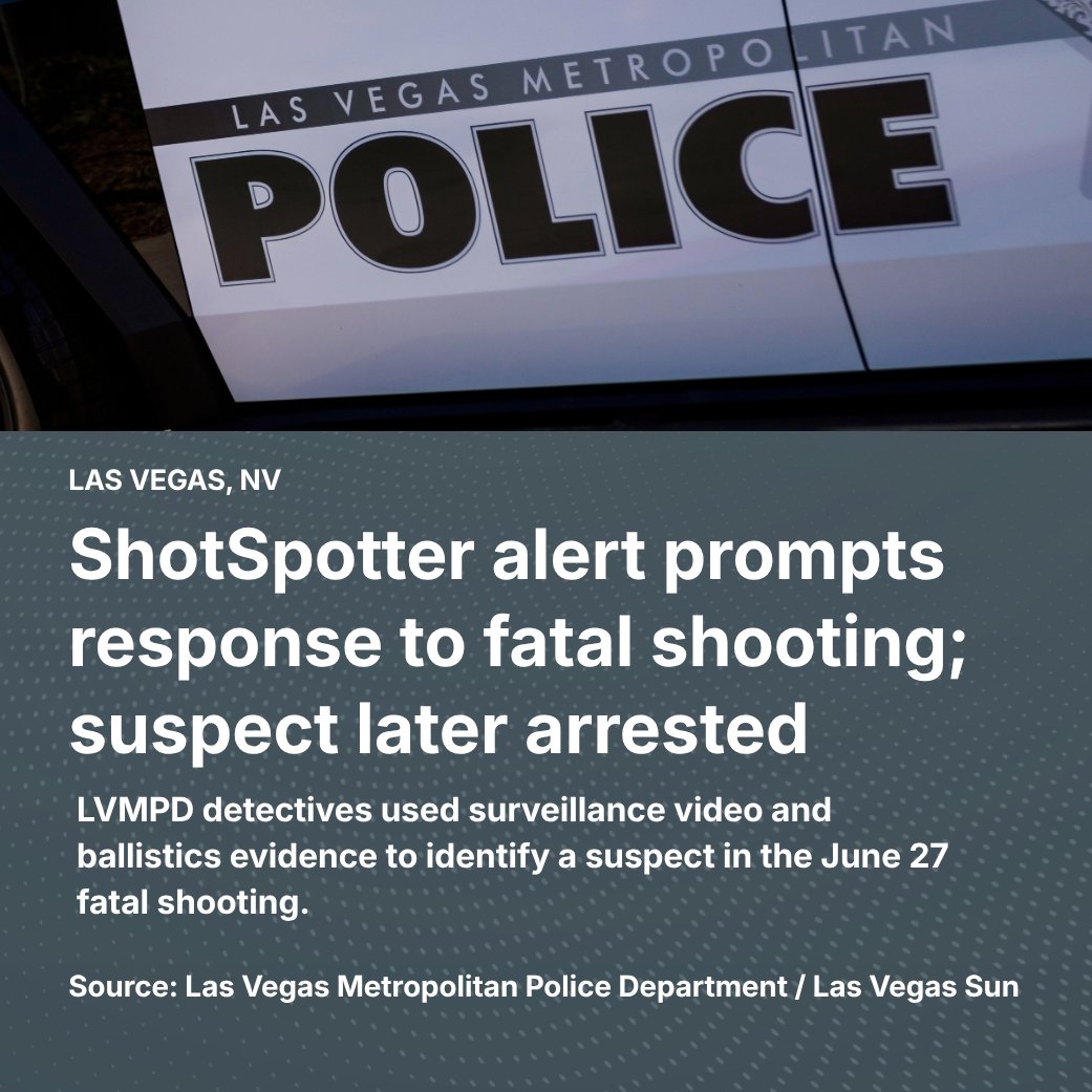 soundthinking_'s tweet photo. A ShotSpotter alert prompted @LVMPD's response to a fatal shooting near downtown Las Vegas on June 27.

Detectives later used surveillance video and ballistics evidence to identify a suspect, who was arrested Sept. 21.

Great work by LVMPD.

👉 https://t.co/STOGG0q36Z https://t.co/89aQloq24d