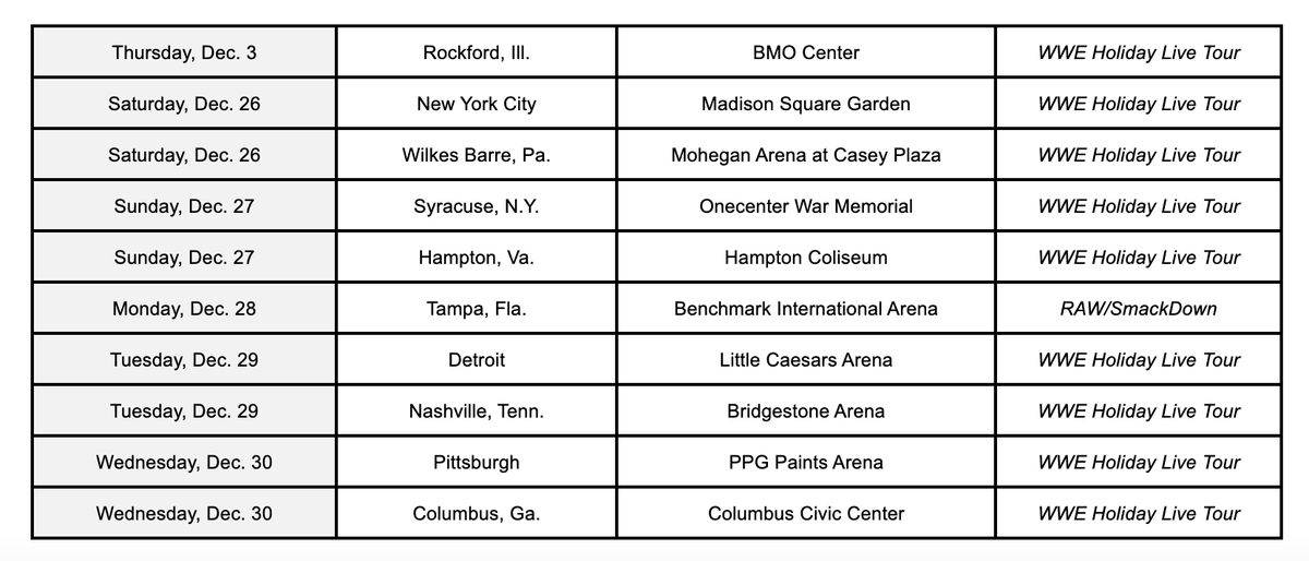 WWE's tweet photo. WWE has announced 1️⃣ 0️⃣ new event dates across the United States as part of its annual Holiday Live Tour! Tickets for each event will go on sale Friday, Oct. 2, at 10am local time via https://t.co/F3UZ5XHYIP

Fans can also purchase individual event tickets during an exclusive presale starting on Oct. 1 via https://t.co/F3UZ5XHYIP.

MORE INFO: https://t.co/3MGYoLF62d