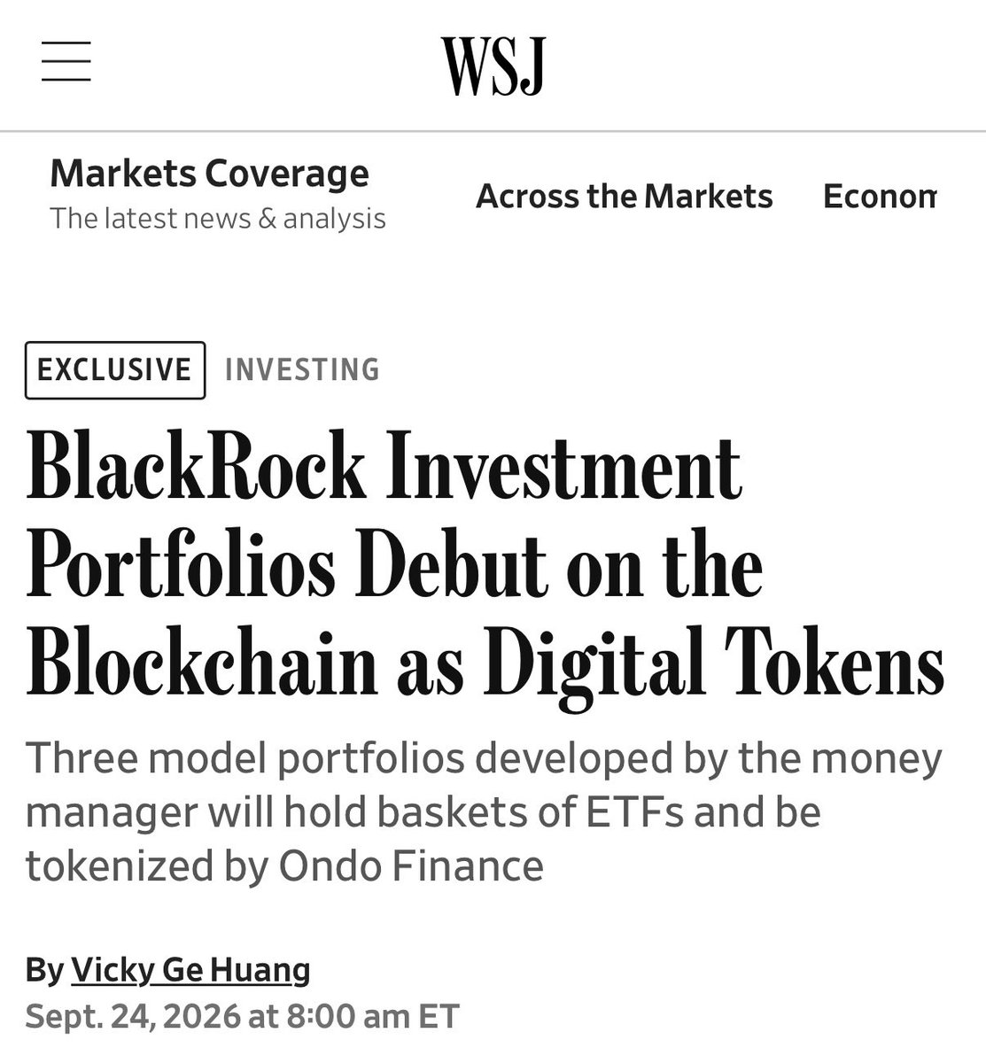 NateGeraci's tweet photo. If you’re still skeptical on the future of tokenization…

You might note that the world’s largest asset manager is now tokenizing model portfolios that hold stock, bond, & bitcoin ETFs.

Only available to non-US investors for now, but that will quickly change as asset managers work through requirements of SEC’s recent innovation exemption.

via @Vlajournaliste
