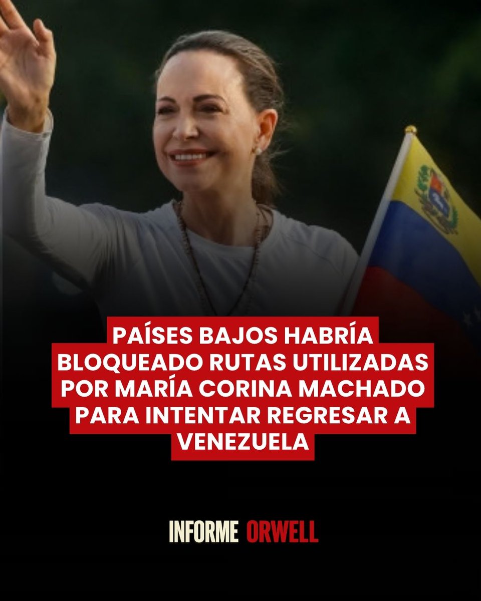 InformeOrwell's tweet photo. 🚨🇳🇱🇻🇪 | Países Bajos habría cerrado rutas a través de Curaçao, Aruba y Bonaire que María Corina Machado evaluaba para regresar a Venezuela, según reveló el diario ABC.

En junio, un avión que se dirigía a Curaçao tuvo que regresar a EEUU. Esta semana, otros dos vuelos desde Panamá con destino a Aruba y Curaçao no lograron despegar. 

Machado acumula al menos siete intentos fallidos de regresar al país por aire, tierra y mar, según su equipo.