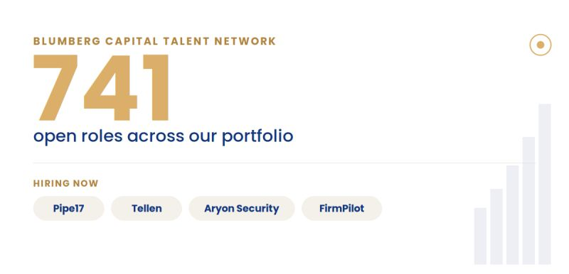 BlumbergCapital's tweet photo. There are 741 open roles across the Blumberg Capital portfolio as companies use AI to strengthen digital trust, modernize customer engagement, prevent cloud security risks, and transform digital marketing for services-based SMBs. 

Explore open positions: https://t.co/Z4SGCE1JzL https://t.co/L4IL7u9nE6