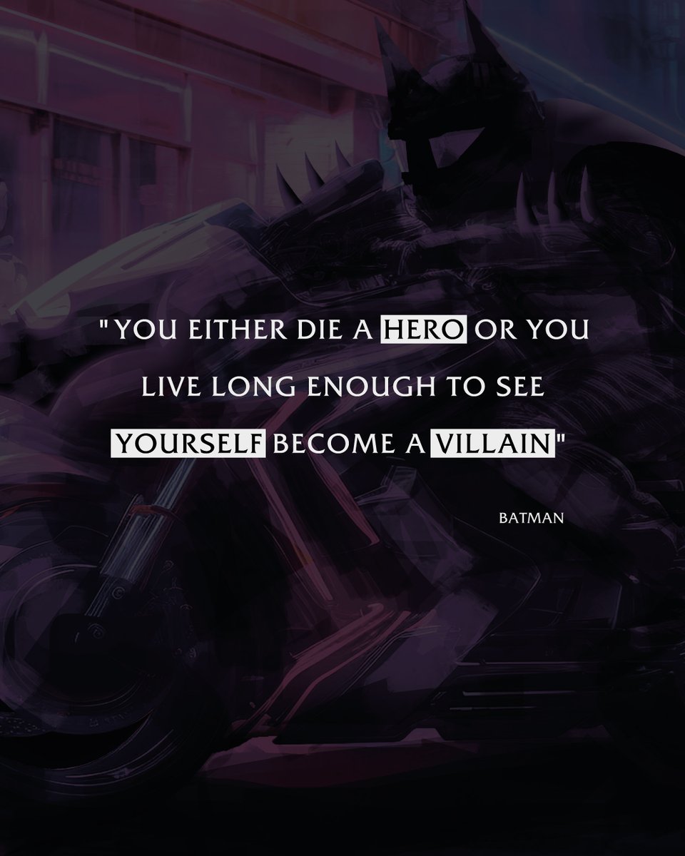 babmedd's tweet photo. 🦇 — Batman
#Batman #DarkKnight #HeroOrVillain #Quotes #Gotham #Motivation #EpicQuotes #Digitalart #CyberPunk https://t.co/zbpqBcaa0U