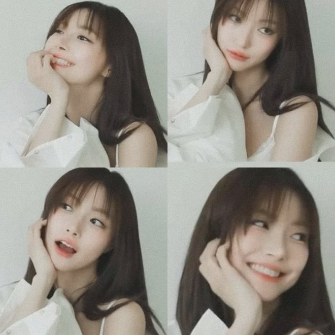 A four-panel collage of a young woman with long dark hair and bangs posing with her hand on her cheek in various cute expressions.