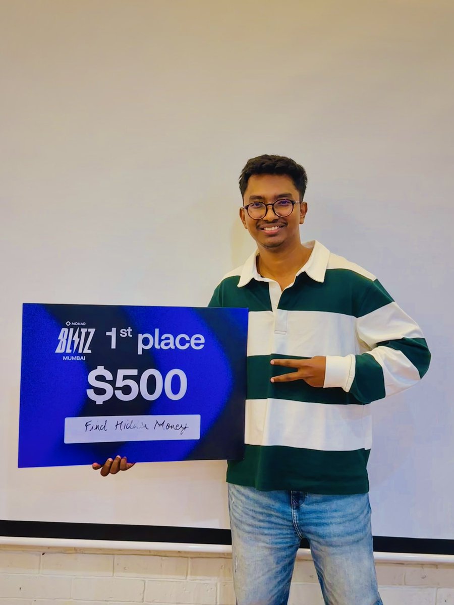 amaanbiz's tweet photo. I just took 1st place at Monad Blitz Mumbai V4.

$500. Find Hidden Money. Live on Monad Mainnet.

My total hackathon winnings are now $100,500.

A couple of days ago, this was a restless thought and a laptop. Dust on old L2s. Tokens wallets hide. Money people already own and cannot see.

Today that thought has a domain, a verified contract, a 1 MON reveal, and a first-place board with my product on it.

I am saying the number out loud because someone reading this at 1 a.m. needs to hear it: you do not need permission. You need a live link.

Thank you, @monad_dev @Monad_APAC @MonadIndia @monad_eco @monad @MediaMonad @0x_eunice @Daily_On_Monad @keoneHD @geeky_kartikey @Joey_Anthony_ @pareen @charlxvii @nitrodotacc for the room, the push, and for treating builders like the product.

How you actually win a hackathon:
1. Ship. Live app. Custom domain. Judges click it.

2. On-chain proof. README + contract + a real tx. We used RevealPass.reveal() for 1 MON.

3. One sentence. “Totals are free. The map costs 1 MON.”

4. Demo video. Product running. 30 seconds. No voiceover essay.

5. Tell the room. Post on X and LinkedIn. Tag the hosts. Ask for love.

6. Stay until it is ugly. The last deploy is the one that counts.

If you have ever felt behind: start. Finish. Ship. 
Then post the photo.

Live: https://t.co/TIm6lzQR9a
GitHub: https://t.co/HyI4iwo2Yh
Deck: https://t.co/vuBbJzNAPp

#Monad #Web3 #Hackathon #BuildInPublic #MonadBlitz