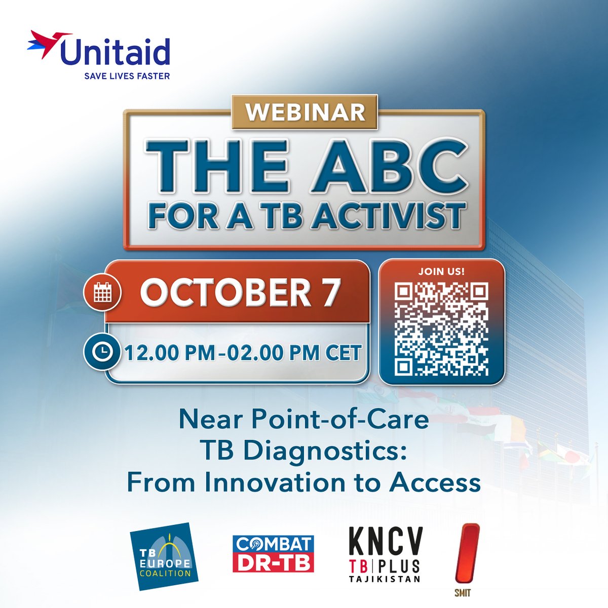 TBECoalition's tweet photo. TB Europe Coalition, SMIT (Moldova) and KNCV (Tajikistan) invite you to a regional webinar focusing on emerging near point-of-care (nPOC) approaches to TB screening and diagnostics.

📅 October 7, 2026
🕛12 PM–2 PM (CET)

Registration: https://t.co/czVyZyhgcd

#CombatDRTB https://t.co/bhERP3mTXx