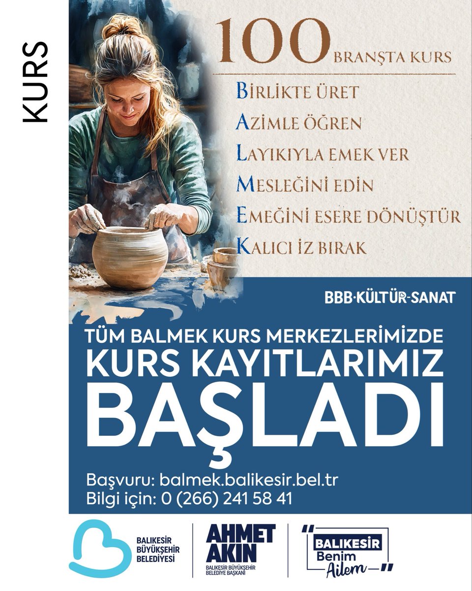 bbb_kultur's tweet photo. Balıkesir Büyükşehir Belediyesi BALMEK kurs kayıtları başladı!

100 farklı branşta yeni bir meslek edinmek, yeteneklerinizi geliştirmek ve emeğinizi esere dönüştürmek için sizleri tüm BALMEK kurs merkezlerimize bekliyoruz.  
@ahmetakin @balikesirbld https://t.co/0FEEOWyiW9