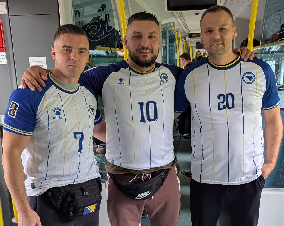 BHLiveOfficial's tweet photo. Despite the ban — the first BiH fans have arrived in Warsaw! 🇧🇦

Banned from the away end, they got their tickets through the Polish federation instead. One fan's message is simple: it's going to be a tough game, but Tabaković or Džeko will score — 0:1 for us. He reckons a thousand or two of our fans will be in the stadium no matter what.

Love for the national team can't be banned. 💛💙

📹: https://t.co/JCG3a0Qg0a