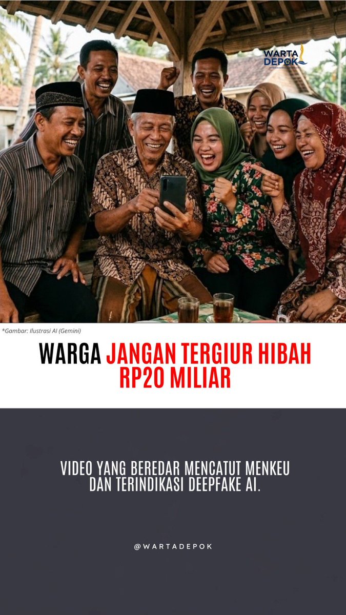 wartadepoktgd's tweet photo. 🚨 Warga, jangan gampang percaya video hibah Rp20 miliar. 

Tirto menemukan indikasi AI 98,1% pada video &amp; 99,3% pada suara. 

Kemenkeu menegaskan pendaftaran lewat nomor pribadi itu hoaks. 

Cek dulu sebelum kirim data.
#jagaindonesia 
#SeptemberPulih https://t.co/2hFsIC7SsB