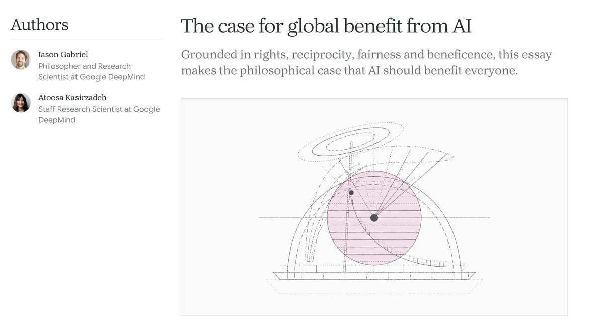 Dr_Atoosa's tweet photo. Who owns the benefits of AI? In this essay I co-authored with @IasonGabriel for the DeepMind Institute, we offer four moral arguments — grounded in rights, reciprocity, fairness, and beneficence — that together make the philosophical case that the benefits of AI should reach everyone.  

Read the piece here and let us know what you think: https://t.co/whTJb6oZlg