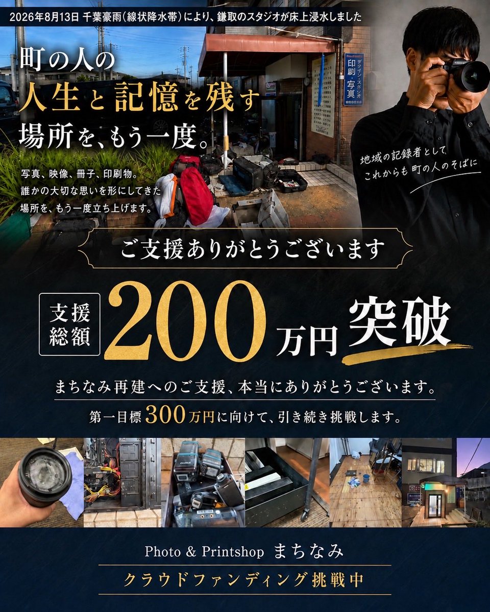 myasan_myasan's tweet photo. 【復旧に向けたクラファン終了まであと6日】

皆様の拡散と応援のおかげで現在220万円を突破しました！
ありがとうございます🙇‍♂️
第1ゴールの300万円まであと80万です

カメラ機材やPC、スタジオ設備がほぼ全滅してから1ヶ月
10月から一部再開を目指していましたが台風25号でまた浸水してしまいました… https://t.co/mfHLCZ2nfm