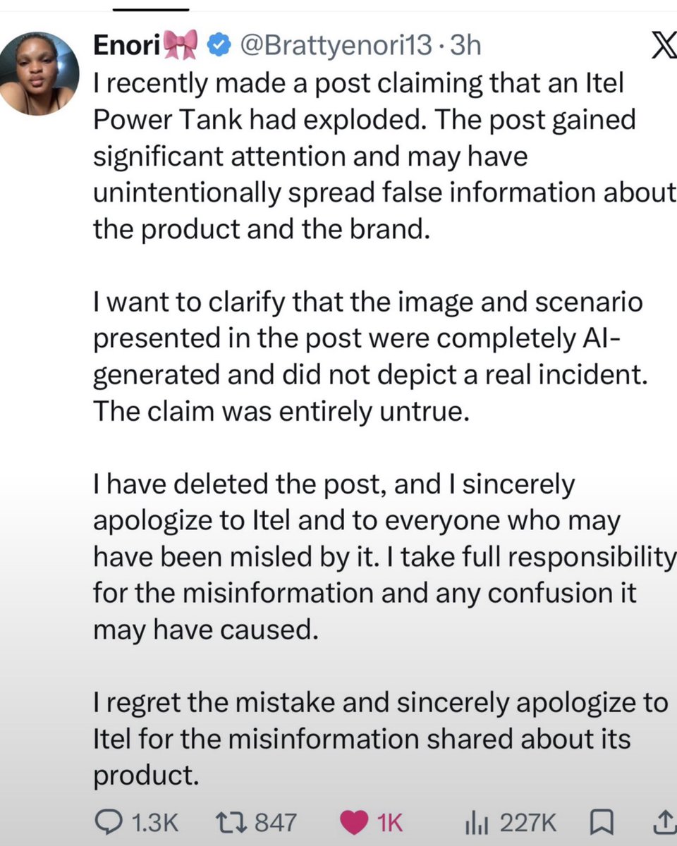 Eugeneubug's tweet photo. Following due consideration and a thorough investigation..

Enori, the X influencer who had earlier accused Itel Nigeria of selling weak power tanks that reportedly exploded days after purchase, has been arrested.

Apology denied… Here we go!! https://t.co/4Nn0Lnpksn