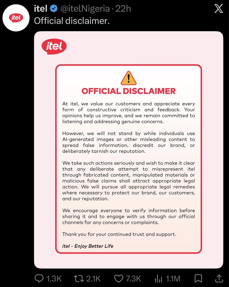 Eugeneubug's tweet photo. Following due consideration and a thorough investigation..

Enori, the X influencer who had earlier accused Itel Nigeria of selling weak power tanks that reportedly exploded days after purchase, has been arrested.

Apology denied… Here we go!! https://t.co/4Nn0Lnpksn