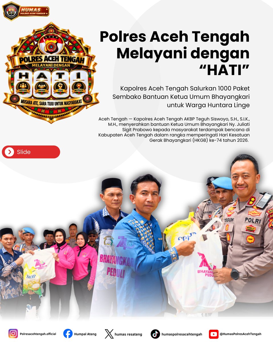 humas_resateng's tweet photo. Kapolres Aceh Tengah Salurkan 1000 Paket Sembako Bantuan Ketua Umum Bhayangkari untuk Warga Huntara Linge

#poldaaceh #bidhumaspoldaaceh #polriuntukmasyarakat #polripresisi https://t.co/ajEvDgGAga