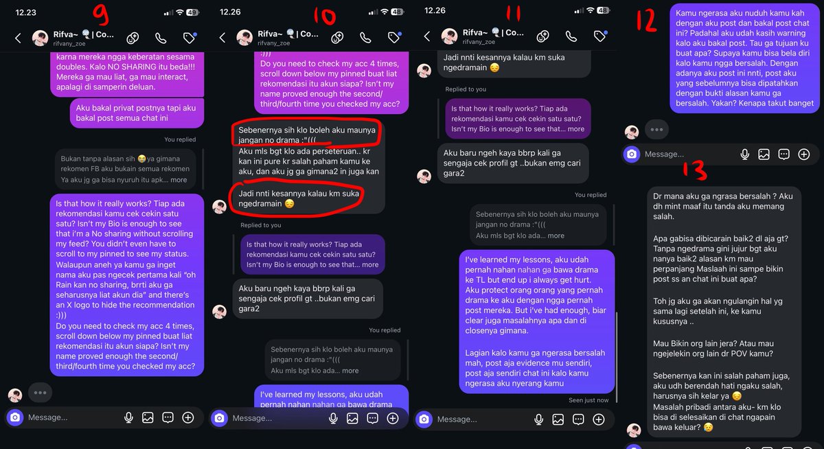 Natphiliaa's tweet photo. Setelah itu, salah satu friend list aku yang kebetulan juga friendlist yang terkait bersedia untuk ngasih tau yang terkait tentang aku yang minta stop mampir ke akun aku. Di dalam chat salah satu friendlist ini, aku menjelaskan panjang lebar seperti yang di atas, tentang keresahan aku. Dan aku ngga bersedia di DM awalnya, karna aku menjaga boundaries ku sebagai no sharing, dan aku ga mau panjang, cuma minta dia stop mampir dan akan aku anggap ini semua selesai.
Tapi karna kekeh, akhirnya aku setuju buat DM-an langsung dengan syarat aku bakal SS dan post hasil chatnya dan take down post pertama ku tentang bukti dia mampir ke akun aku.

Tujuannya, kalau aku langsung takedown post ku yang pertama, bisa jadi orang berasumsi yang ngga ngga. Jadinya aku mau post hasil chat dengan harapan bisa diselesaikan dan orang orang jadi punya bukti kalau masalah ini selesai dengan saling blokir. Dan dengan harapan ngga ada fakta yang dipelintir tentang kami berdua. 

Dengan ini, aku takedown post pertama ku, dan aku post hasil diskusi kami di ig. Dan aku menganggap masalah ini selesai dan kami tidak pernah tau satu sama lain. Aku anggap semua masalah ini selesai di bulan Juni.