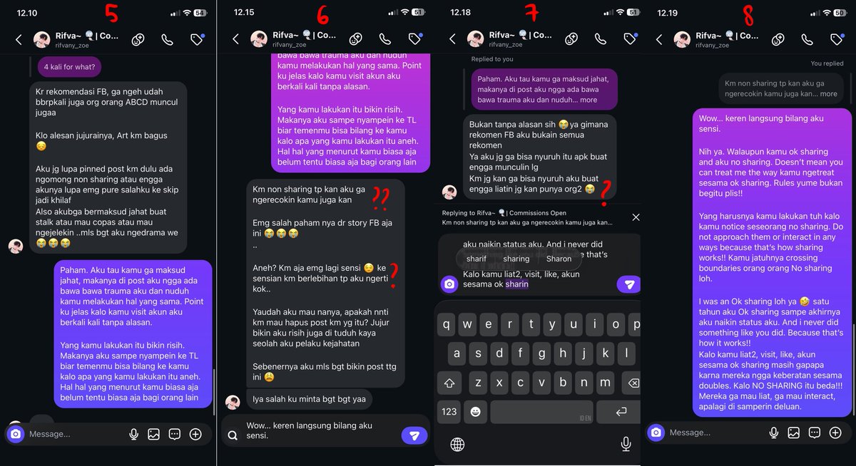 Natphiliaa's tweet photo. Setelah itu, salah satu friend list aku yang kebetulan juga friendlist yang terkait bersedia untuk ngasih tau yang terkait tentang aku yang minta stop mampir ke akun aku. Di dalam chat salah satu friendlist ini, aku menjelaskan panjang lebar seperti yang di atas, tentang keresahan aku. Dan aku ngga bersedia di DM awalnya, karna aku menjaga boundaries ku sebagai no sharing, dan aku ga mau panjang, cuma minta dia stop mampir dan akan aku anggap ini semua selesai.
Tapi karna kekeh, akhirnya aku setuju buat DM-an langsung dengan syarat aku bakal SS dan post hasil chatnya dan take down post pertama ku tentang bukti dia mampir ke akun aku.

Tujuannya, kalau aku langsung takedown post ku yang pertama, bisa jadi orang berasumsi yang ngga ngga. Jadinya aku mau post hasil chat dengan harapan bisa diselesaikan dan orang orang jadi punya bukti kalau masalah ini selesai dengan saling blokir. Dan dengan harapan ngga ada fakta yang dipelintir tentang kami berdua. 

Dengan ini, aku takedown post pertama ku, dan aku post hasil diskusi kami di ig. Dan aku menganggap masalah ini selesai dan kami tidak pernah tau satu sama lain. Aku anggap semua masalah ini selesai di bulan Juni.