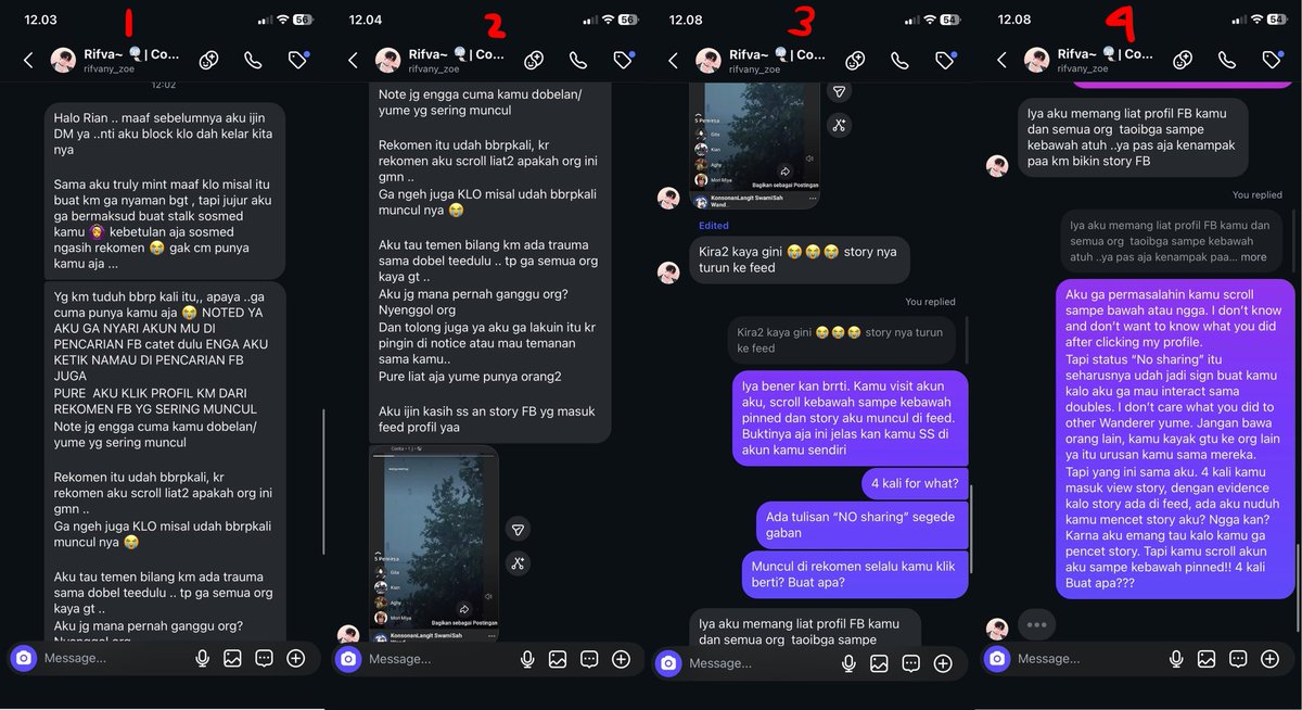 Natphiliaa's tweet photo. Setelah itu, salah satu friend list aku yang kebetulan juga friendlist yang terkait bersedia untuk ngasih tau yang terkait tentang aku yang minta stop mampir ke akun aku. Di dalam chat salah satu friendlist ini, aku menjelaskan panjang lebar seperti yang di atas, tentang keresahan aku. Dan aku ngga bersedia di DM awalnya, karna aku menjaga boundaries ku sebagai no sharing, dan aku ga mau panjang, cuma minta dia stop mampir dan akan aku anggap ini semua selesai.
Tapi karna kekeh, akhirnya aku setuju buat DM-an langsung dengan syarat aku bakal SS dan post hasil chatnya dan take down post pertama ku tentang bukti dia mampir ke akun aku.

Tujuannya, kalau aku langsung takedown post ku yang pertama, bisa jadi orang berasumsi yang ngga ngga. Jadinya aku mau post hasil chat dengan harapan bisa diselesaikan dan orang orang jadi punya bukti kalau masalah ini selesai dengan saling blokir. Dan dengan harapan ngga ada fakta yang dipelintir tentang kami berdua. 

Dengan ini, aku takedown post pertama ku, dan aku post hasil diskusi kami di ig. Dan aku menganggap masalah ini selesai dan kami tidak pernah tau satu sama lain. Aku anggap semua masalah ini selesai di bulan Juni.