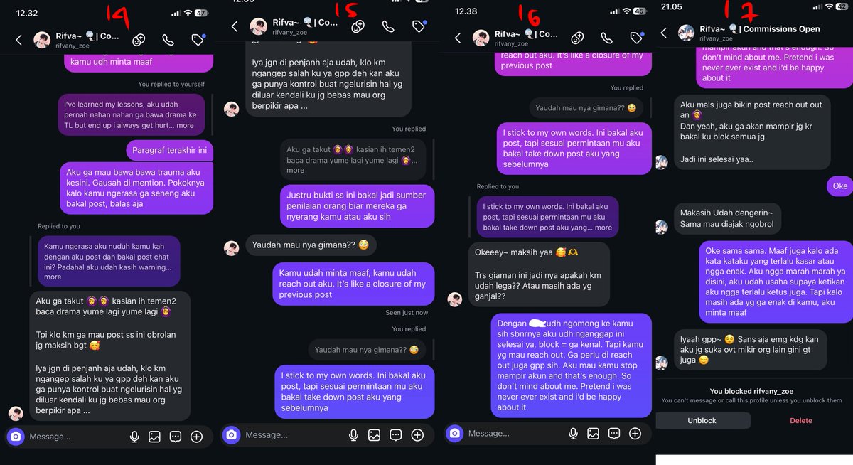 Natphiliaa's tweet photo. Setelah itu, salah satu friend list aku yang kebetulan juga friendlist yang terkait bersedia untuk ngasih tau yang terkait tentang aku yang minta stop mampir ke akun aku. Di dalam chat salah satu friendlist ini, aku menjelaskan panjang lebar seperti yang di atas, tentang keresahan aku. Dan aku ngga bersedia di DM awalnya, karna aku menjaga boundaries ku sebagai no sharing, dan aku ga mau panjang, cuma minta dia stop mampir dan akan aku anggap ini semua selesai.
Tapi karna kekeh, akhirnya aku setuju buat DM-an langsung dengan syarat aku bakal SS dan post hasil chatnya dan take down post pertama ku tentang bukti dia mampir ke akun aku.

Tujuannya, kalau aku langsung takedown post ku yang pertama, bisa jadi orang berasumsi yang ngga ngga. Jadinya aku mau post hasil chat dengan harapan bisa diselesaikan dan orang orang jadi punya bukti kalau masalah ini selesai dengan saling blokir. Dan dengan harapan ngga ada fakta yang dipelintir tentang kami berdua. 

Dengan ini, aku takedown post pertama ku, dan aku post hasil diskusi kami di ig. Dan aku menganggap masalah ini selesai dan kami tidak pernah tau satu sama lain. Aku anggap semua masalah ini selesai di bulan Juni.
