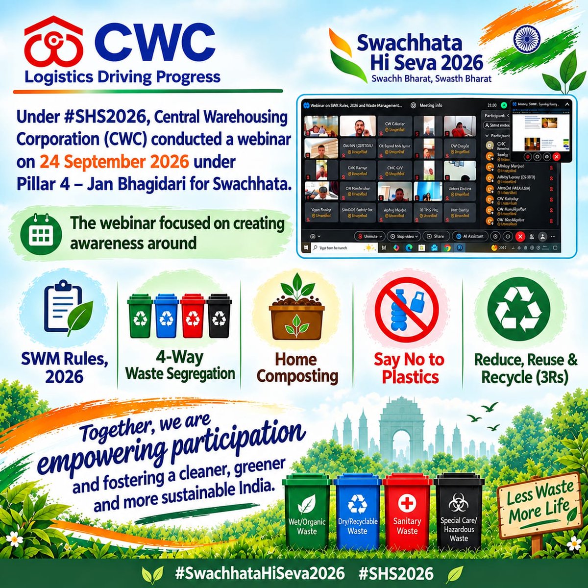 cwc_warehouse's tweet photo. Under #SHS2026, Central Warehousing Corporation (CWC) conducted a webinar on 24 September 2026 under Pillar 4 – Jan Bhagidari for Swachhata.

The webinar focused on creating awareness around SWM Rules, 2026, 4-Way Waste Segregation, Home Composting, Say No to Plastics, and the principles of Reduce, Reuse & Recycle (3Rs).

Together, we are empowering participation and fostering a cleaner, greener and more sustainable India. 🌱

#SwachhataHiSeva2026 #SHS2026

@JoshiPralhad @PralhadJoshiOfc @fooddeptgoi @blvermaup @Nimu_Bambhaniya @MDCWC @Directorprscwc @Director_FinCWC @Director_MCP