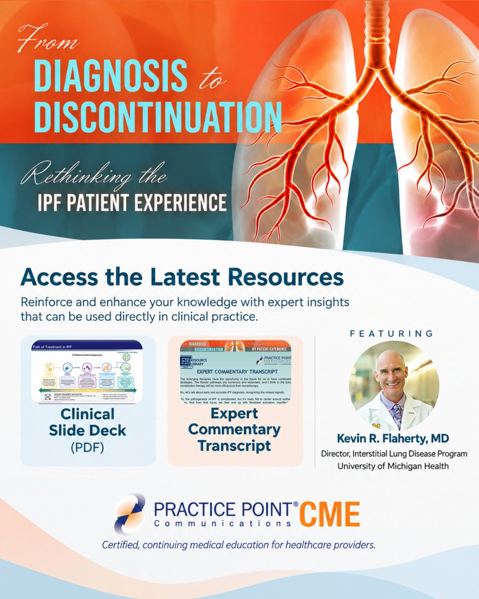 PracticePoint's tweet photo. From expert insights to practical resources.📚
Dr. Kevin Flaherty shared actionable tools on earlier diagnosis, personalized treatment decisions, and ongoing care for patients with IPF, and now you can revisit those insights anytime!
 
Explore the free downloadable resource library including:
 📄Expert Commentary Transcript: full discussion for review anytime
 📊Clinical Slide Kit: Key data visuals, algorithms and expert insights
 
Perfect for clinical discussions, teaching, or deeper study.
🔗Access your resources at https://t.co/otjhvKASVL

#IdiopathicPulmonaryFibrosis #CME #Pulmonology #ContinuingMedicalEducation #PracticePointCME