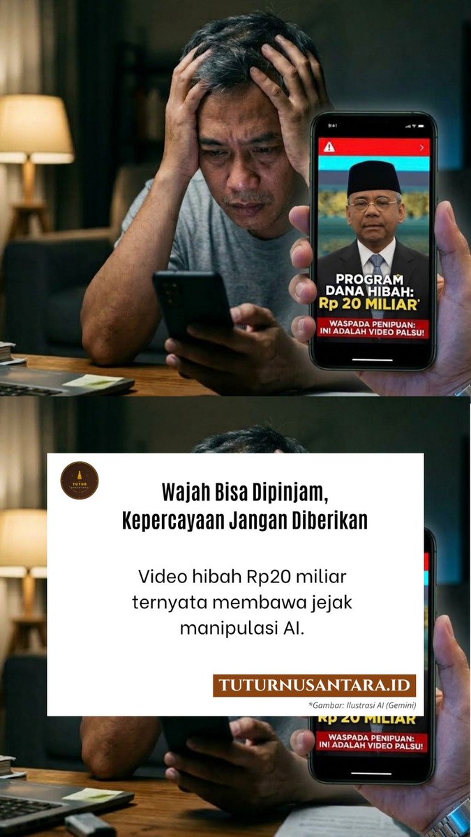 TuturNusanfvsc's tweet photo. Wajah pejabat dapat direkayasa, suara dapat ditiru. 

Klaim hibah Rp20 miliar yang mencatut Menkeu dinyatakan hoaks. 

Tirto menemukan indikasi AI 98,1% pada video dan 99,3% pada suara. 

Saring sebelum sharing.
#jagaindonesia 
#SeptemberPulih 
Indonesia Damai https://t.co/lnSlYki0co