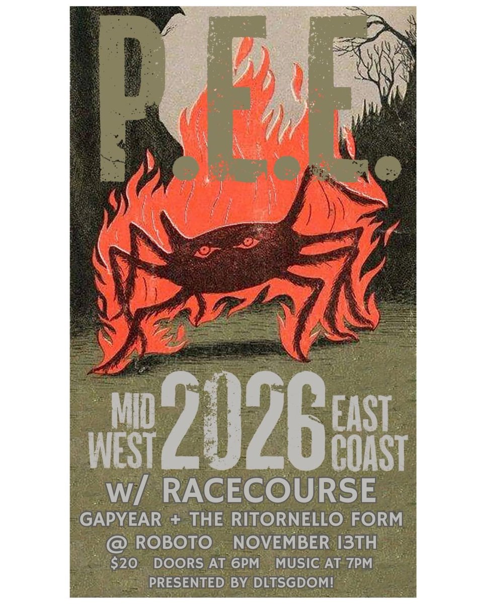 dltsgdomshows's tweet photo. MASSIVE GIG UPDATE: P.E.E. (first headline tour in 30 years!!) will join Racecourse + bring w/ them gapyear + The Ritornello Form!!

TICKETS: https://t.co/3YX7aa7ijx

LISTEN: https://t.co/Qeyr1XUV2w
https://t.co/pKaelOY29G
https://t.co/gqSOcVDBMt
https://t.co/JlrYmdrVUI https://t.co/WnU7Q6unRK