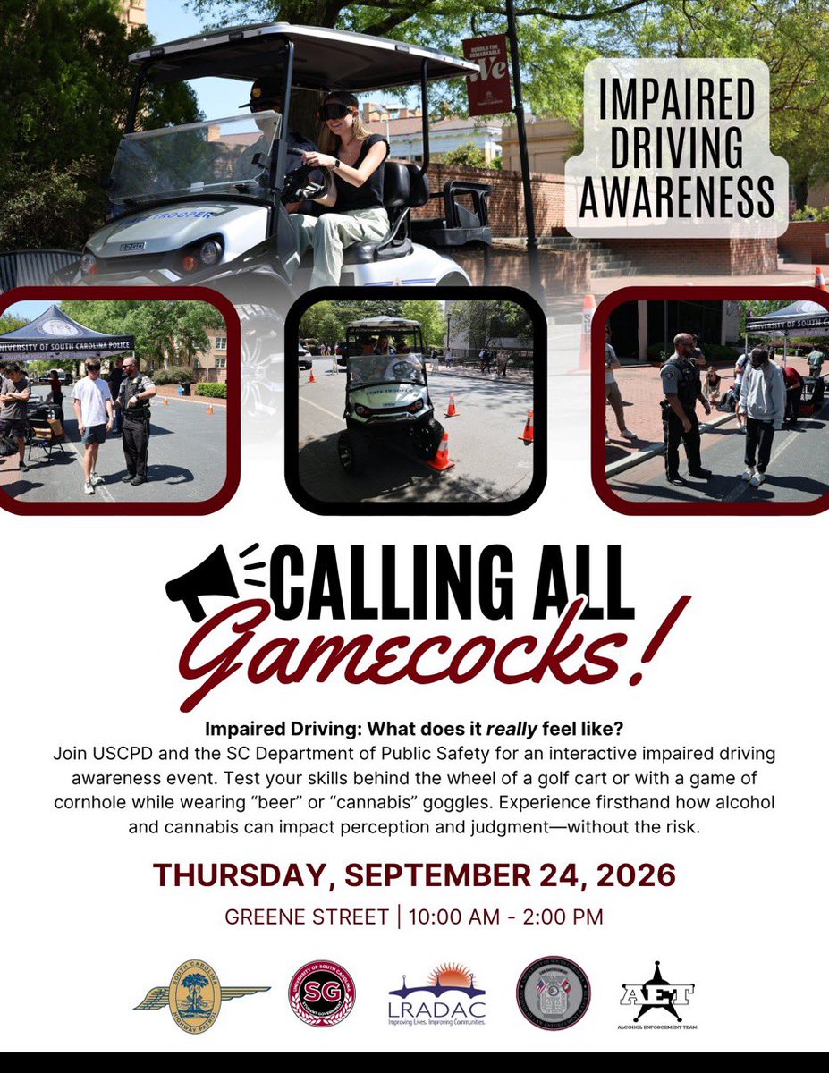 SCHP_Troop1's tweet photo. I’ll be out at the Russel House today from 10:00 am to 2:00 pm educating the students @UofSC on the dangers of impaired driving along with our partners @USCPD @LRADACSC @schighwaypatrol @theSCDPS https://t.co/eLdEzkUkwF