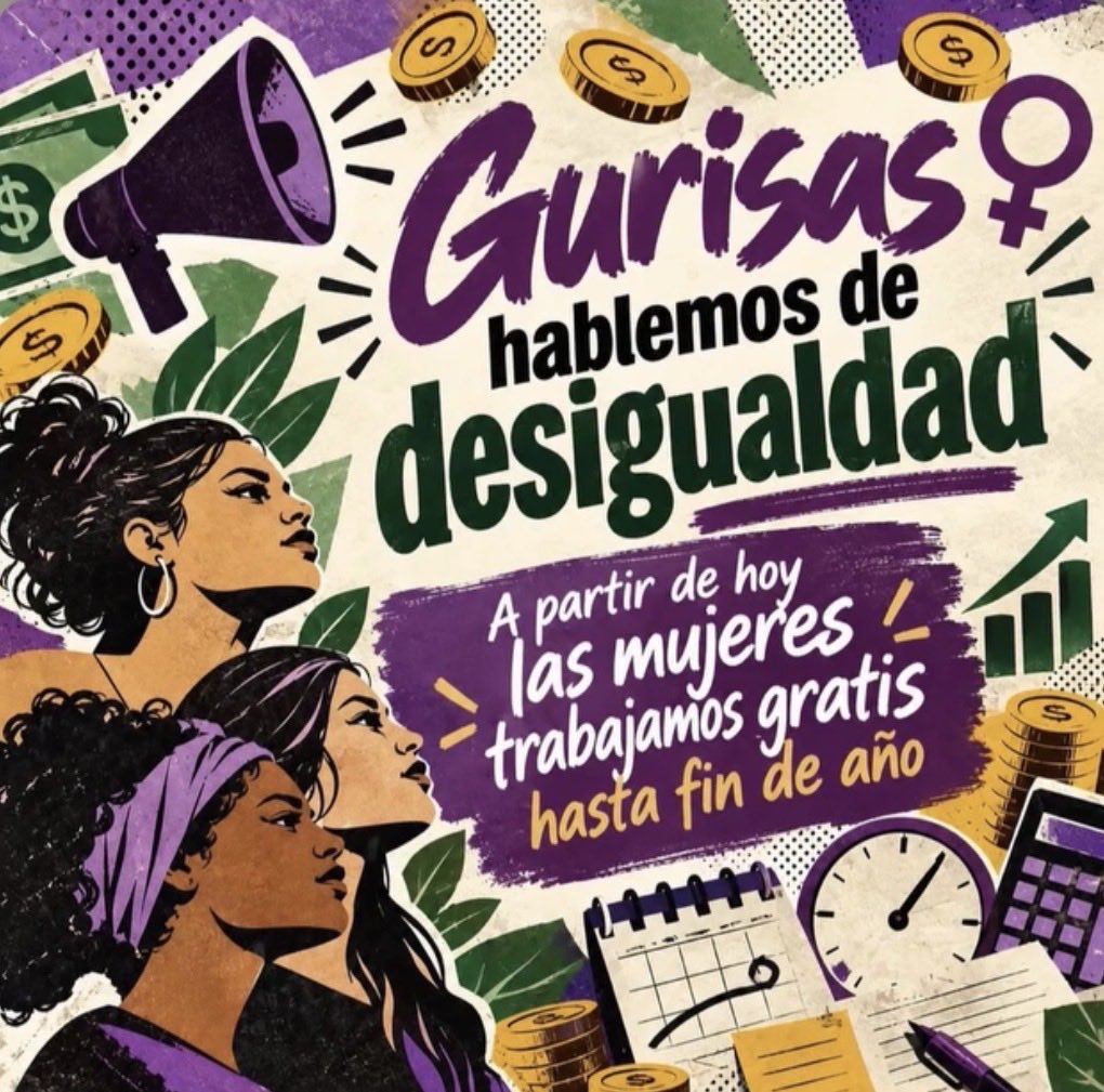 Tatiantunez's tweet photo. Debido a las brechas en los ingresos las mujeres trabajan 99 días gratis. 
Después nos dicen que nos pasamos tres pueblos… Hablemos de desigualdad y enfrentémosla 💜 https://t.co/I2uMEeHzzd