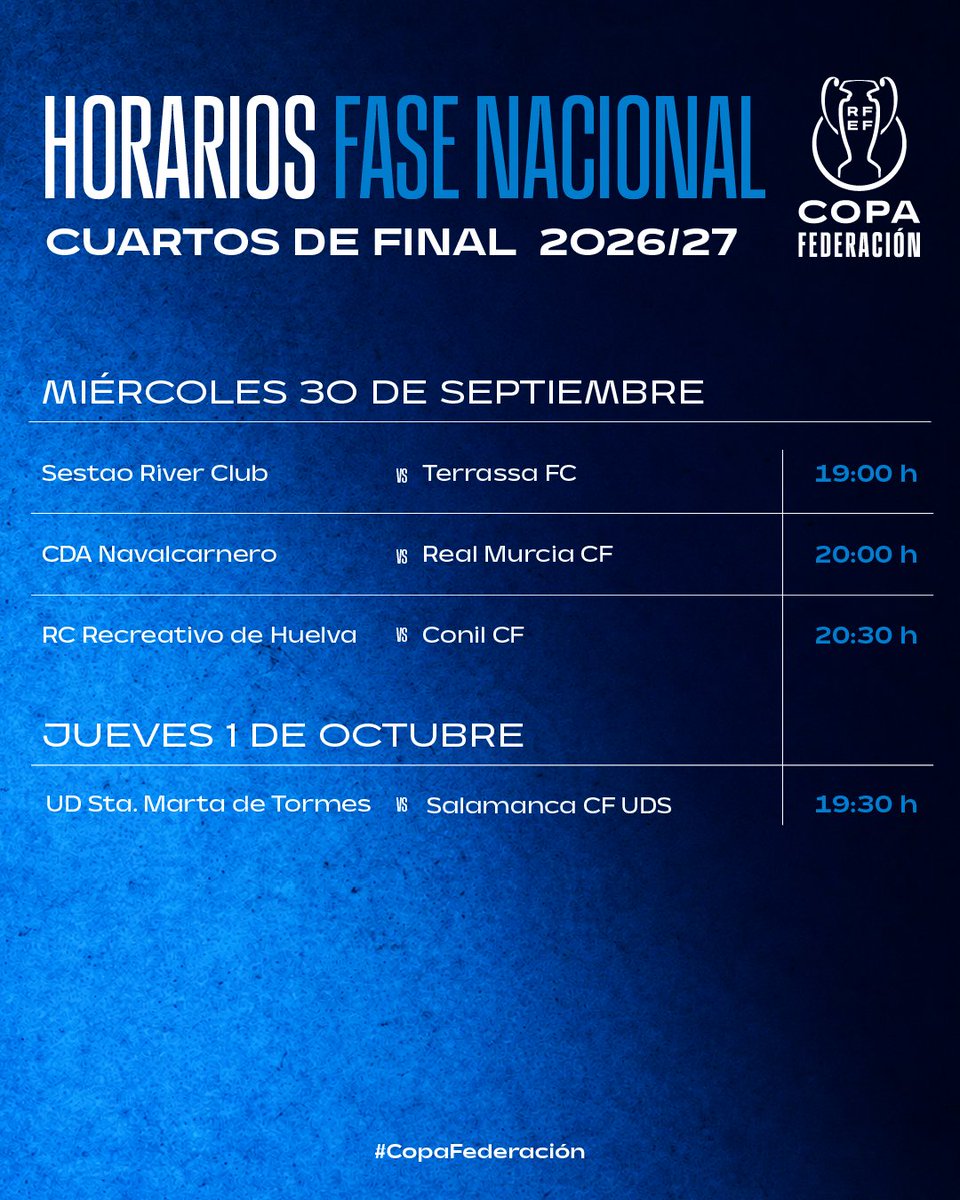 rfef's tweet photo. 🗓 La eliminatoria de #CopaFederacion que repartirá las cuatro 🗝 de acceso a la #CopaDelReyMapfre ya tiene HORARIOS confirmados.

🏆 La próxima semana llegan los 1/4 de final del último gran torneo nacional que se decide este año.

🔗 https://t.co/kiqKcvvS86 https://t.co/QdRwgnPVz2