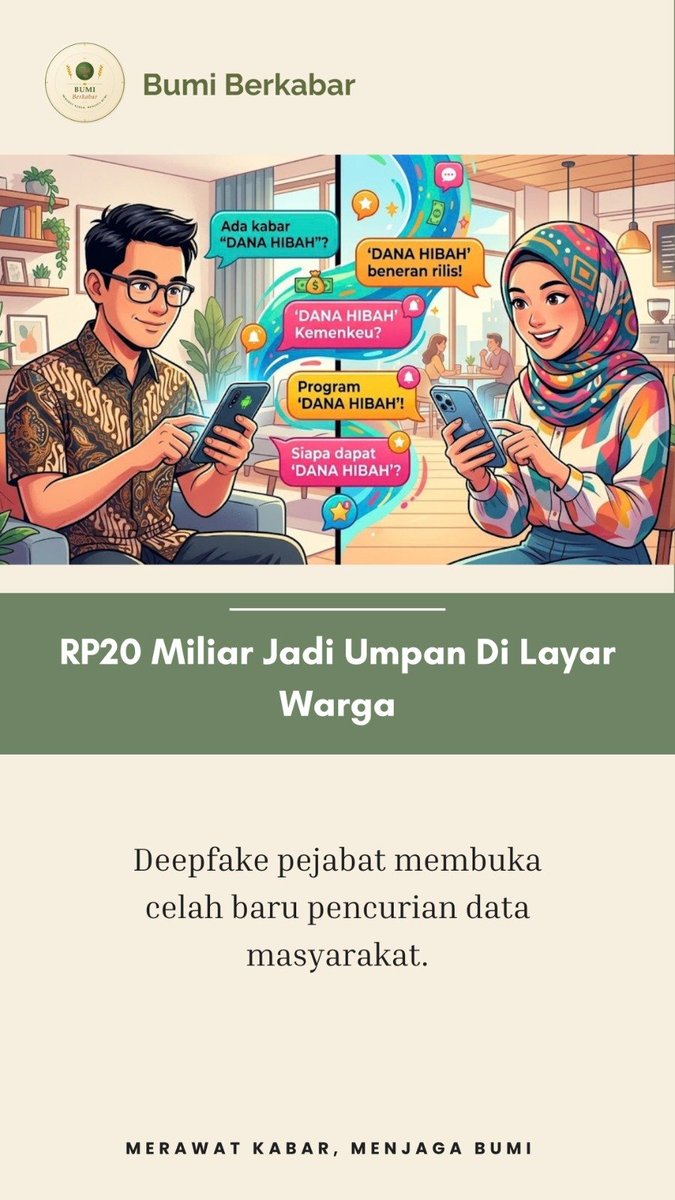 bumi_berkabar's tweet photo. 🚨 Deepfake kini bisa memakai wajah &amp; suara pejabat. 

Klaim hibah Rp20 miliar dinyatakan hoaks. Tirto menemukan indikasi AI 98,1% video &amp; 99,3% suara. 

Jangan berikan data ke nomor tidak resmi.
#jagaindonesia 
#SeptemberPulih
Indonesia Damai https://t.co/02aBcwtDKa