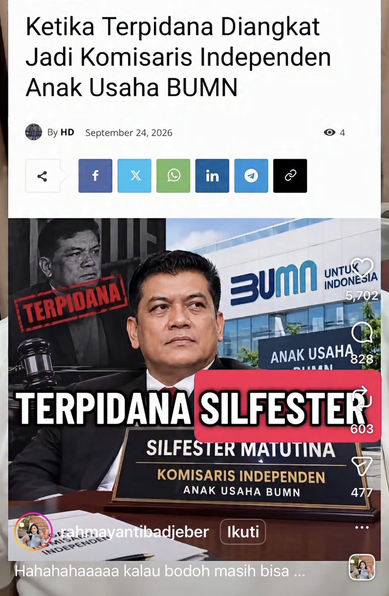 susno2g's tweet photo. Inilah negara rusak ; Silfester terpidana yg sdh inkrah tdk pernah dieksekusi dan gila lagi diangkat jadi komisaris BUMN ; taukah jaksa agung , taukah Presiden Prabowo ?? Rusak negeri ini.
 https://t.co/ezs3eeOWvM https://t.co/APjPH41biG