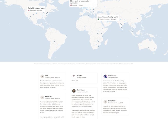 A map of the world with a 'Plan a week-by-week maths curriculum' for a 'Roshuffel-a-history-exam' showing locations in New York, San Francisco, Eastern Province (Saudi Arabia), and testimonial quotes from Nick, Katherine, Brobbot, Chris Begen, Max Kaplan, and Ernie Keith.