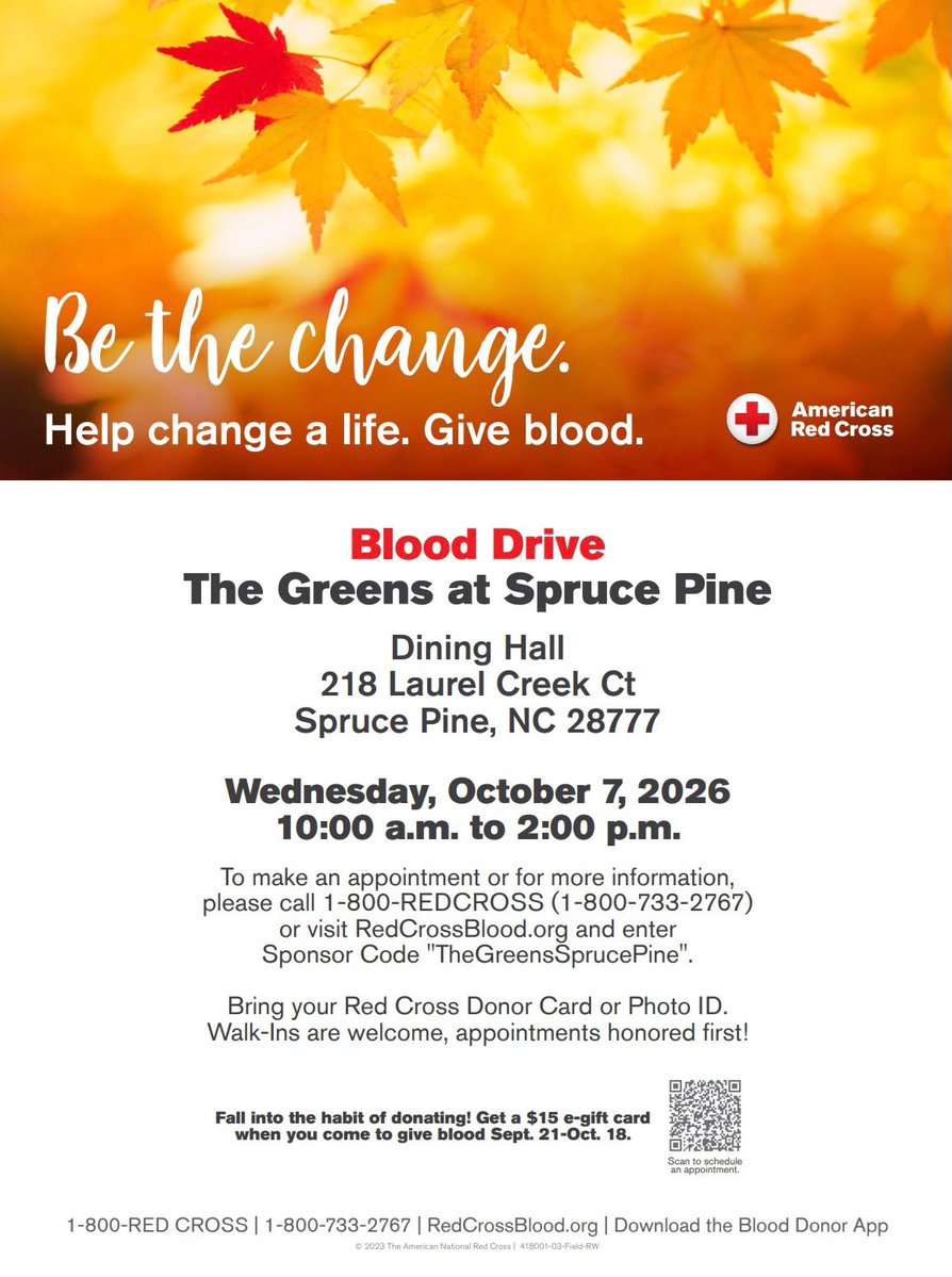 GreensSpruce's tweet photo. Join The Greens at Spruce Pine and the American Red Cross for a community Blood Drive on Wednesday, October 7, 2026, from 10:00 AM–2:00 PM in our Dining Hall. Your donation can make a meaningful difference and help provide lifesaving blood to those who need it most. https://t.co/Q1m0ybJGYW