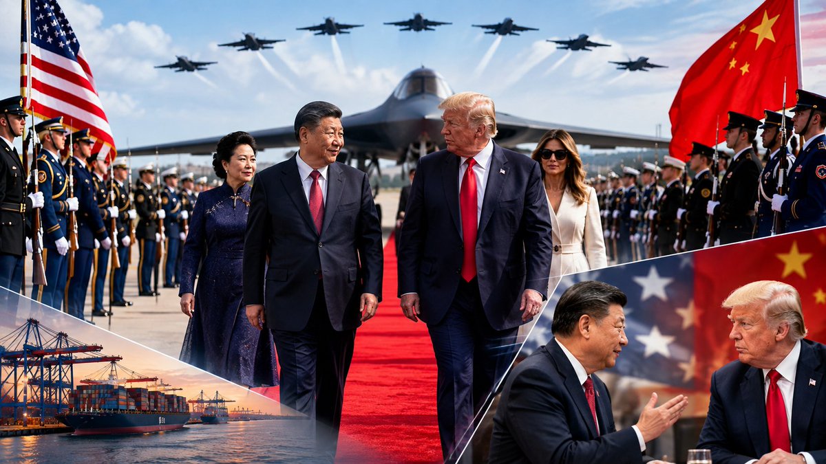 Blueverse01's tweet photo. Trump rolled out a rare welcome for Xi Jinping at Joint Base Andrews.

A 100-foot red carpet, military honors and a B-1 bomber flyover set the stage for Xi’s three-day U.S. visit. Trump later remarked that the flyover was “really loud,” while Xi appeared unfazed.

Xi is calling for partnership over rivalry. Now the ceremony gives way to the real test: what can Washington and Beijing actually deliver on trade and security?