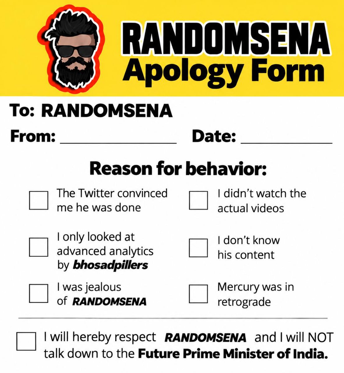 raj_goraxhpuri's tweet photo. Anyone and everyone who trolled Randomsena for their work must sign this form. https://t.co/B2TfVt5s1t