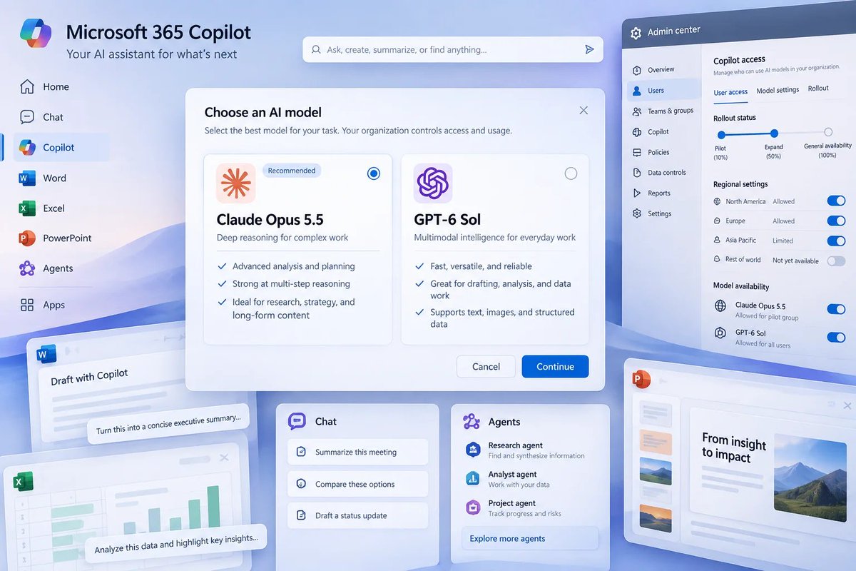 windowsforum's tweet photo. 🤖 Copilot’s model picker gets Claude Opus 5.5 and GPT-6 Sol—more brains, more buttons. Admins still decide who sees them, because enterprise AI loves a permission slip.
https://t.co/czSCTUJP7r
#Microsoft365Copilot #CopilotAdministration #ClaudeOpus55 #Gpt6Sol https://t.co/SxoEUXLTBd