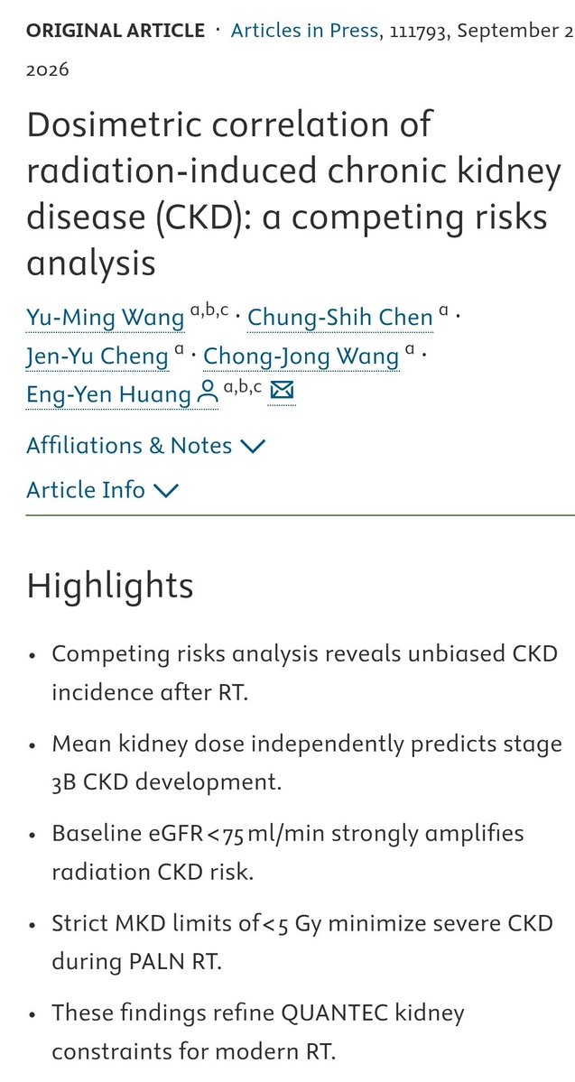 roxboxfix's tweet photo. Dosimetric correlation of radiation-induced chronic kidney disease (CKD)

Radiation-induced CKD is significantly correlated with MKD and baseline eGFR. 

Aim for Mean Kidney dose <5 Gy

18Gy as per Quantec seems outdated and obsolete https://t.co/BHujjYoqAM