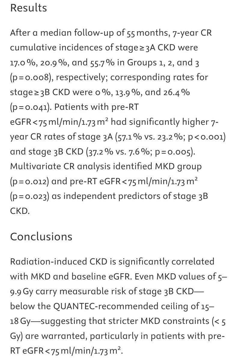 roxboxfix's tweet photo. Dosimetric correlation of radiation-induced chronic kidney disease (CKD)

Radiation-induced CKD is significantly correlated with MKD and baseline eGFR. 

Aim for Mean Kidney dose <5 Gy

18Gy as per Quantec seems outdated and obsolete https://t.co/BHujjYoqAM