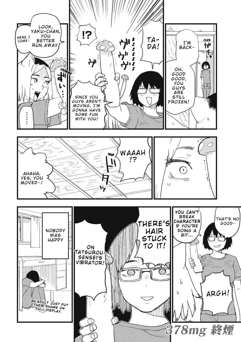 MuhammadTRHasri's tweet photo. Yani and Yaku tried to prank boring Tatsurou, but his over the top counter prank sent them running in fear! 🤣 He brought a vibrating adult toy to scare them. 🍆🙀😹

Chainsmoker Cat Chapter 378

#ヤニねこ #yanineko #ChainsmokerCat #ヤクねこ https://t.co/ytU9S2qC0D