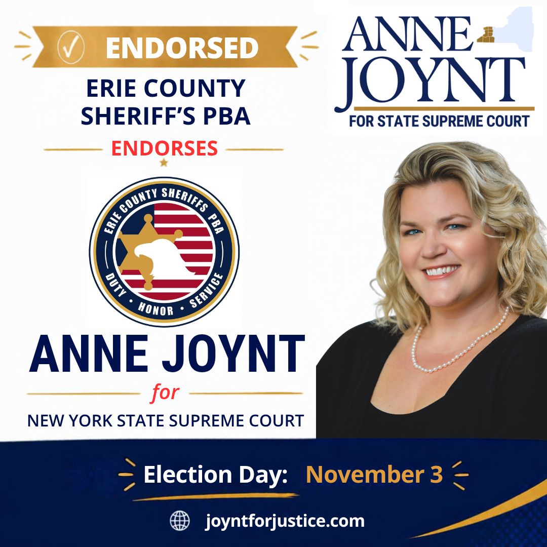 JoyntforJustice's tweet photo. Proud to be endorsed by the Erie County Sheriff's PBA.

Anne is grateful for the support of the men and women who serve and protect Erie County every day.

Thank you, Erie County Sheriffs, for your confidence and support as Anne continues her campaign for NYS Supreme Court. https://t.co/FD9egBxKku
