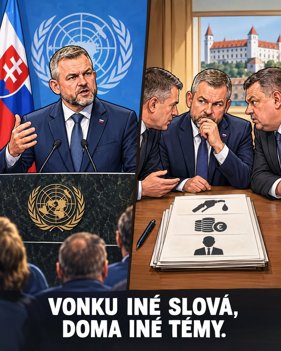 zedzaden's tweet photo. Vonku hovoríme o hraniciach a civilistoch. 

Doma ladíme daň, strop na pumpe a kto bude minister. 

Kurva rozdielny jazyk na dvoch pódiách. 

Prieskum je náplasť na náladu, nie na rozpočet. 

Vyjebali sa na to, že slovo vonku nič nezaplatí. To je dojebaná náhrada za domácu dohodu.

Prečo?

Prezident Peter Pellegrini včera večer na zasadnutí Rady bezpečnosti Organizácie spojených národov v New Yorku povedal, že zámerné útoky na civilné obyvateľstvo na Ukrajine musia okamžite prestať. 

Diplomaciu označil za jediný zodpovedný spôsob, ako konflikt ukončiť. 
Slovensko podľa neho podporuje ukrajinský ľud aj zákaz meniť hranice silou. 
Na Valnom zhromaždení varoval pred svetom, ktorý sa riadi silou namiesto pravidiel. 

Pripomenul kandidatúru Slovenska na nestáleho člena Rady bezpečnosti na roky dvadsať dvadsaťosem a dvadsať dvadsaťdeväť. 

Dnes agentúra Sanep pre televíziu tá tri zverejnila prieskum. Smer by mal devätnásť celých osem percent. Progresívne Slovensko osemnásť celých šesť percent.

To je prejav hlavy štátu, nie zákon a nie zmena politiky vl��dy. V dostupných zdrojoch som relevantnú reakciu predsedu vlády nenašiel. 
Prieskum meria náladu v jednom septembrovom týždni. Nie je to výsledok volieb. Neskladá ani väčšinu v parlamente.