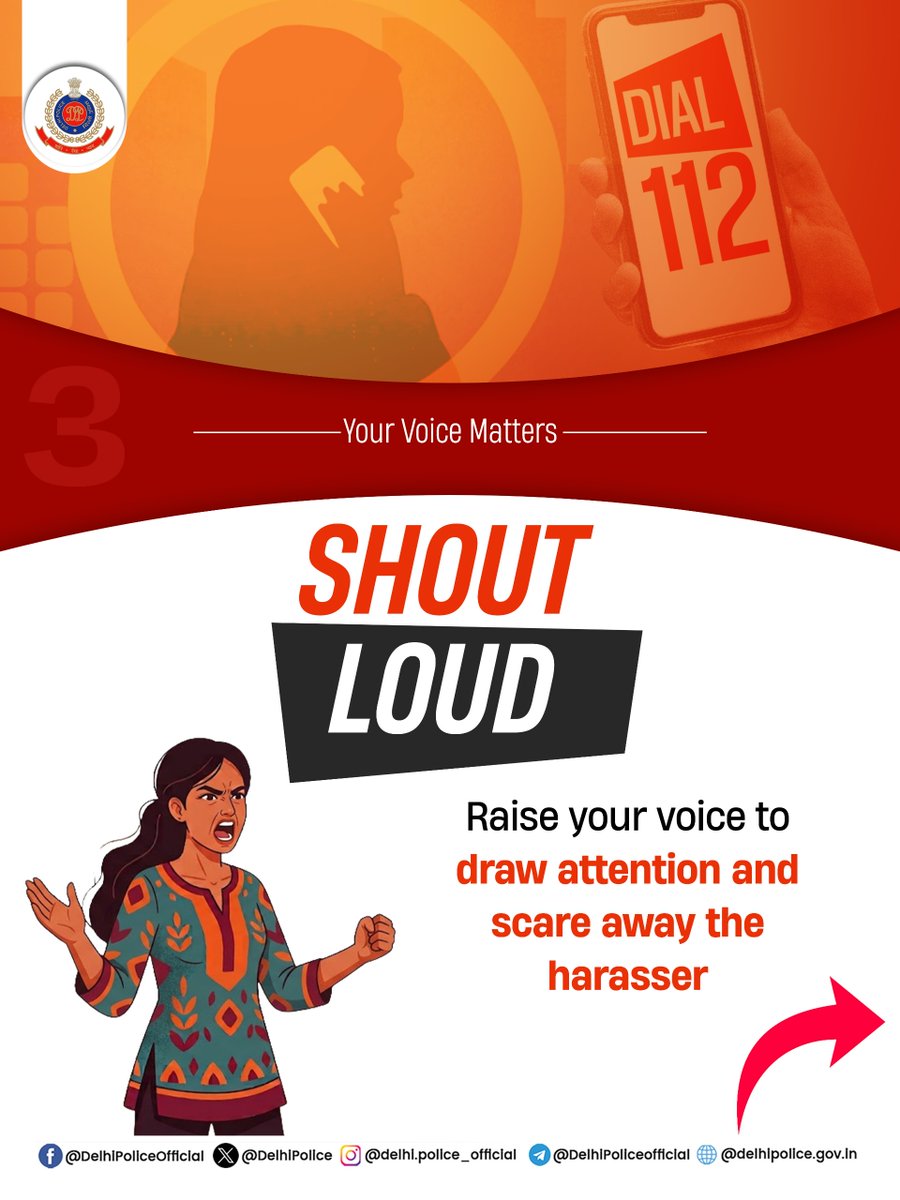 DelhiPolice's tweet photo. Speak up, Stay aware &amp; Be prepared.
When a situation feels unsafe, trust your instincts, draw attention, seek help and call 112 when needed.

@LtGovDelhi

#DPUpdates
#WomenSafety
#HelloPoliceStation
#HelloDelhiPolice https://t.co/W4iyieDLjH