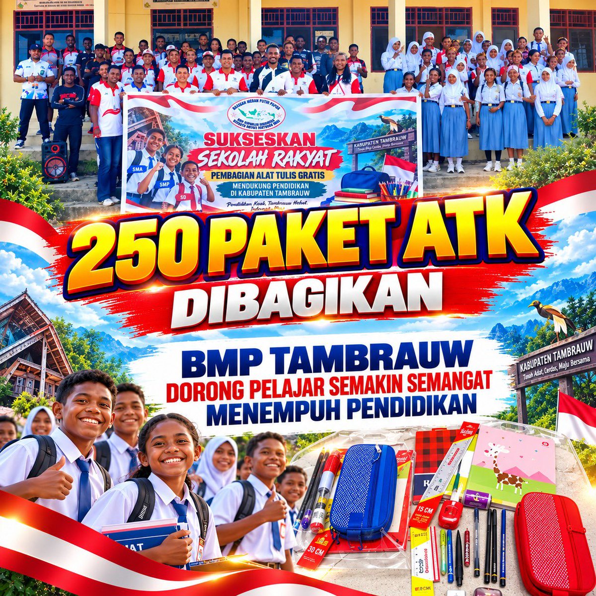 PapuaRealToday's tweet photo. BMP Tambrauw membagikan 250 paket alat tulis sebagai bentuk dukungan terhadap kebutuhan belajar para pelajar sekaligus mendorong semangat mereka dalam menempuh pendidikan.
#BarisanMerahPutih
#SekolahRakyat
#ProgramPemerintah
#InfoPapua https://t.co/Rv5l5eaV6l