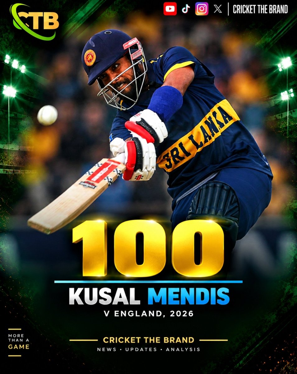 CricketTheBrand's tweet photo. Kusal Mendis smashes a brilliant century against England! 🔥💯🇱🇰
A sensational 100-run knock for Sri Lanka in 2026. 🏏

#KusalMendis #SLvsENG #SriLankaCricket #Cricket #CTB https://t.co/Tb2W7f6NYx