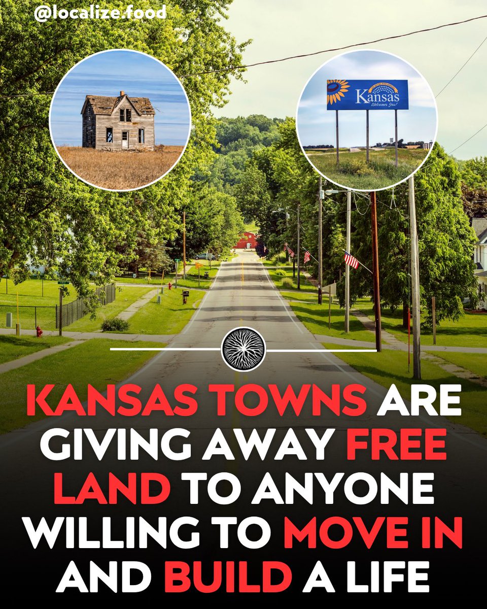 Localizefoodapp's tweet photo. Some Kansas towns are still giving away free land to anyone willing to move in and build a life.

Small farm towns losing population revived the old homestead idea with free residential lots.

Marquette, Kansas is still offering land at no cost to families who build and stay, as of 2025.

The frontier deal that built the plains quietly came back, one small town at a time.

Find your place in a farm town on Localize.
Sources: Kansas State University, Kansas City Magazine