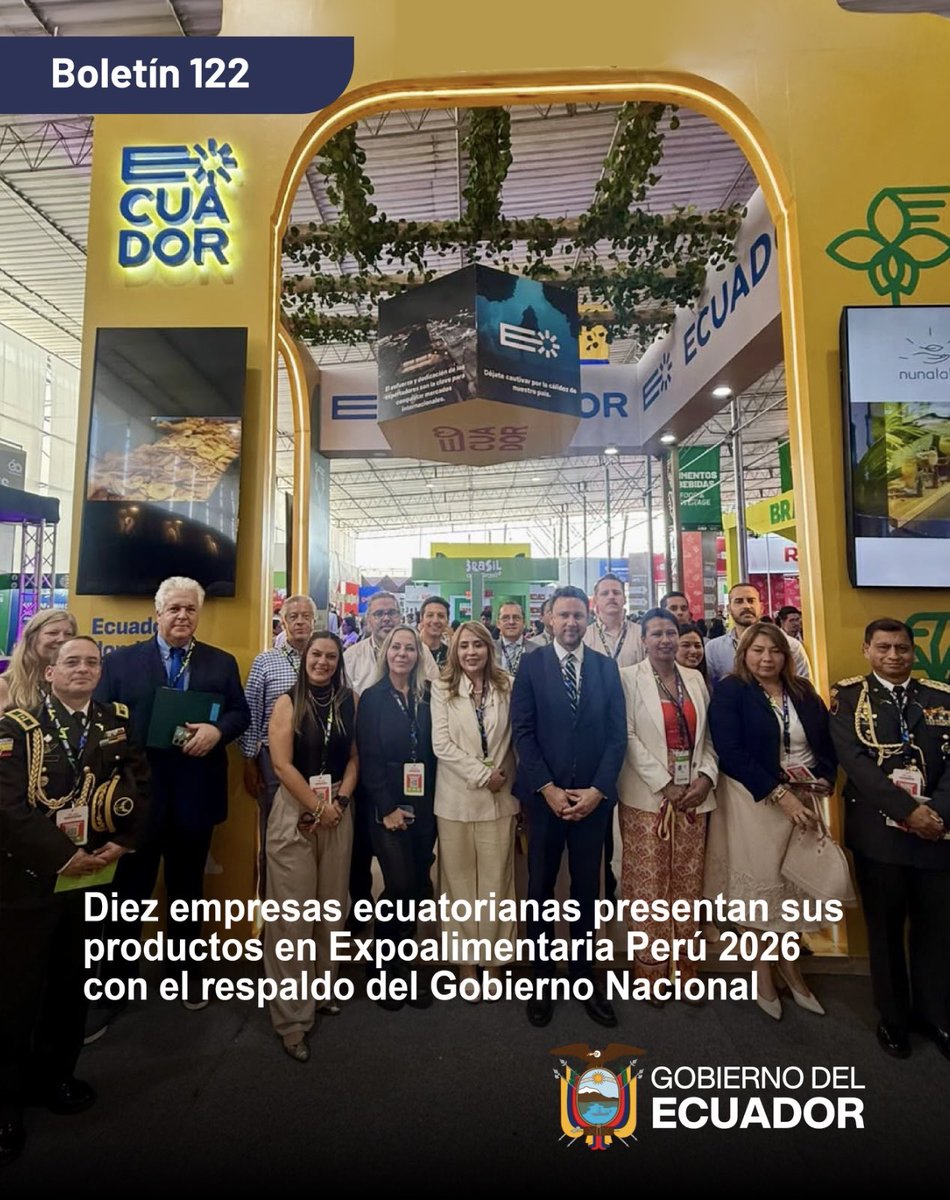 Produccion_Ecu's tweet photo. #Boletín📰| El Gobierno del presidente Daniel Noboa acompaña a 10 empresas ecuatorianas en su participación en la feria @expoalimentaria Perú 2026🇵🇪, una de las principales plataformas de negocios para la industria de alimentos y bebidas de Latinoamérica.

https://t.co/ko5hX9Wtnj https://t.co/B0jimXZ10r